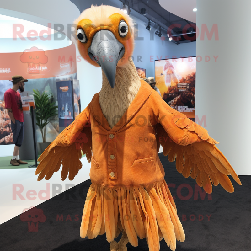 Orange Vulture mascot costume character dressed with a Wrap Skirt and Lapel pins Orange Vulture mascot costume character dressed with a Wrap Skirt and Lapel pins