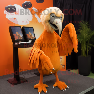 Orange Vulture mascot costume character dressed with a Wrap Skirt and Lapel pins