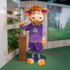 Purple Jersey Cow mascot costume character dressed with a Bermuda Shorts and Hairpins