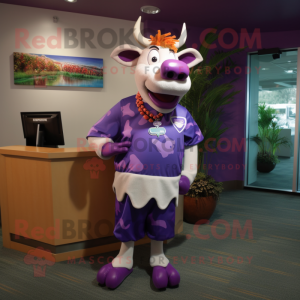 Purple Jersey Cow mascot costume character dressed with a Bermuda Shorts and Hairpins