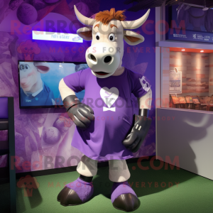 Purple Jersey Cow mascot costume character dressed with a Bermuda Shorts and Hairpins