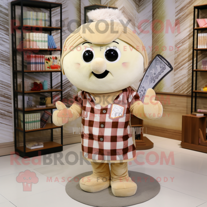Beige Candy Box mascot costume character dressed with a Flannel Shirt and Shawl pins Beige Candy Box mascot costume character dressed with a Flannel Shirt and Shawl pins