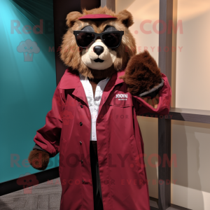 Maroon Spectacled Bear mascot costume character dressed with a Windbreaker and Pocket squares