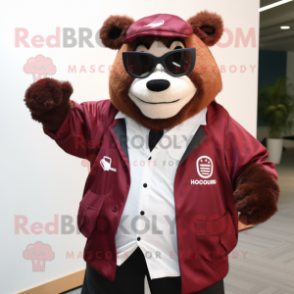 Maroon Spectacled Bear mascot costume character dressed with a Windbreaker and Pocket squares