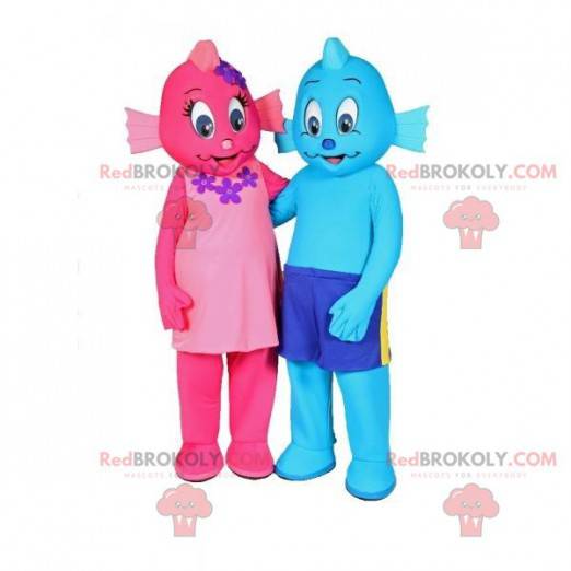 2 Fischmaskottchen, ein rosa und ein blaues. 2 Maskottchen -