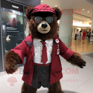 Maroon Spectacled Bear mascot costume character dressed with a Windbreaker and Pocket squares