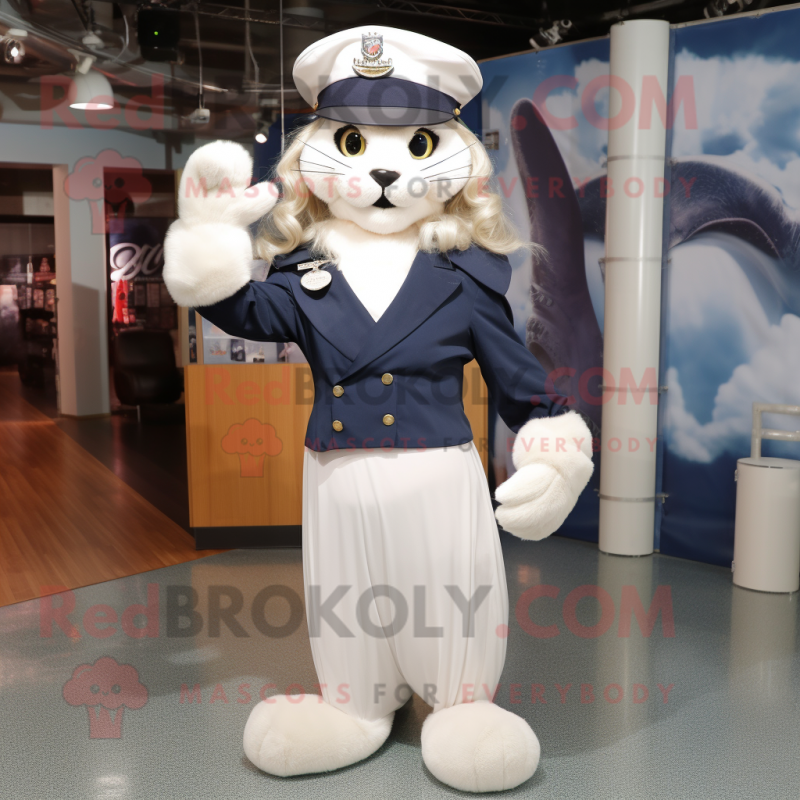 Navy Lynx mascot costume character dressed with a Ball Gown and Berets