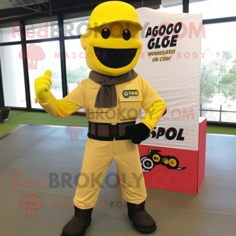 Yellow Gi Joe mascot costume character dressed with a Cargo Pants and Lapel pins