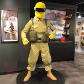 Yellow Gi Joe mascot costume character dressed with a Cargo Pants and Lapel pins