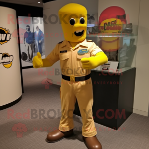 Yellow Gi Joe mascot costume character dressed with a Cargo Pants and Lapel pins