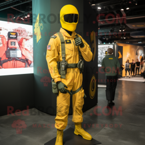 Yellow Gi Joe mascot costume character dressed with a Cargo Pants and Lapel pins