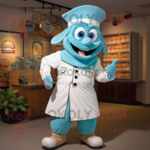 Turquoise Clam Chowder mascot costume character dressed with a Coat and Belts