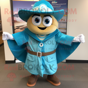 Turquoise Clam Chowder mascot costume character dressed with a Coat and Belts