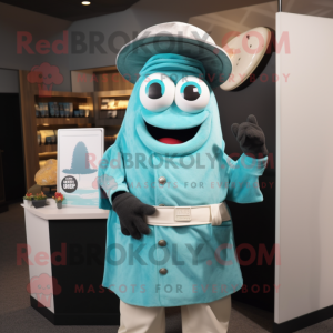 Turquoise Clam Chowder mascot costume character dressed with a Coat and Belts