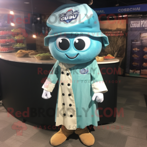 Turquoise Clam Chowder mascot costume character dressed with a Coat and Belts