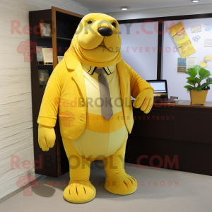 Yellow Walrus mascot costume character dressed with a Suit Pants and Keychains