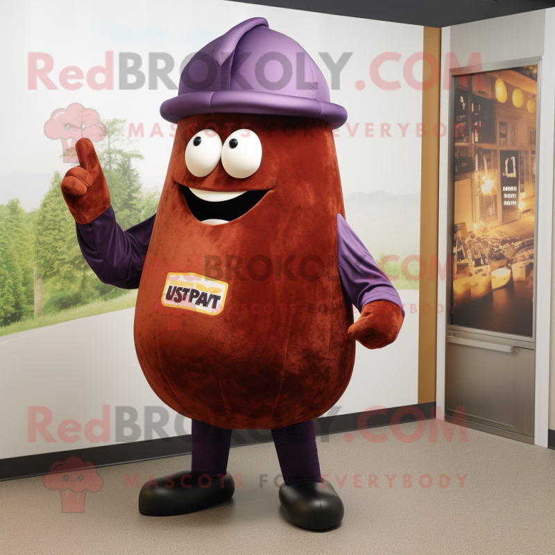 Rust Eggplant mascot costume character dressed with a Rash Guard and Berets