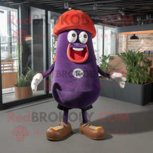 Rust Eggplant mascot costume character dressed with a Rash Guard and Berets