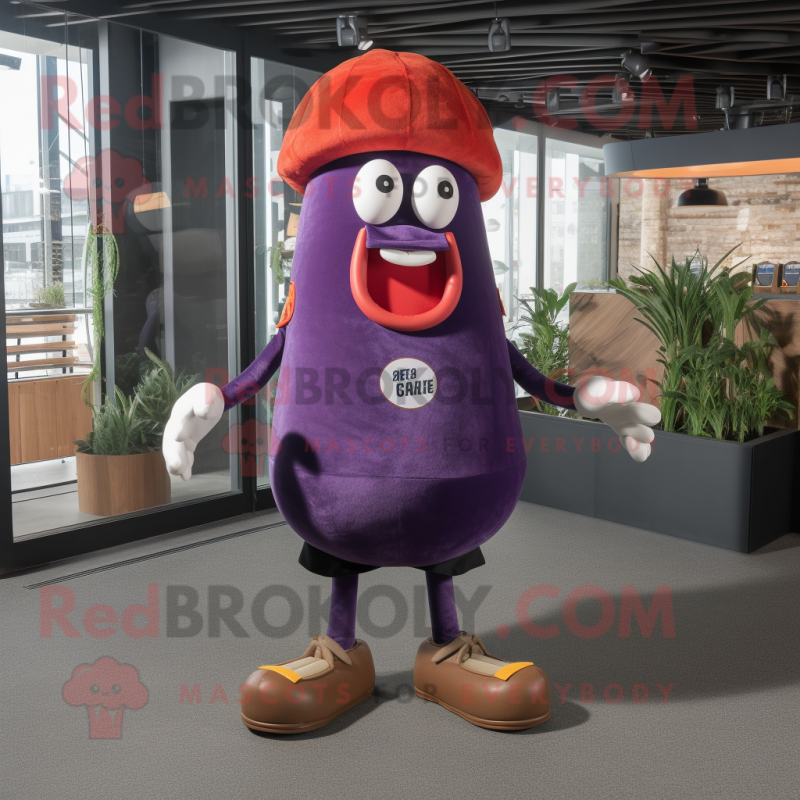 Rust Eggplant mascot costume character dressed with a Rash Guard and Berets Rust Eggplant mascot costume character dressed with a Rash Guard and Berets