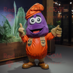 Rust Eggplant mascot costume character dressed with a Rash Guard and Berets