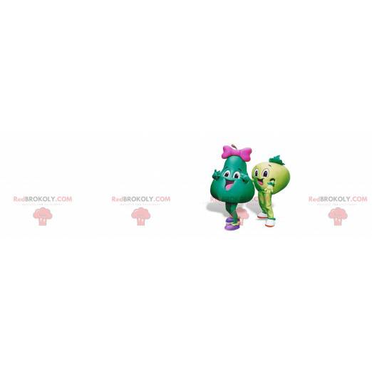 2 mascottes een appel en een groene peer. 2 vruchten -
