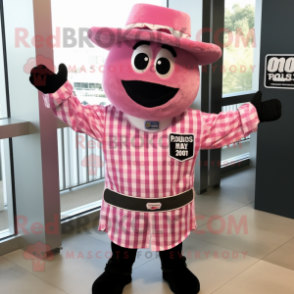 Pink Bbq Ribs mascot costume character dressed with a Button-Up Shirt and Hat pins