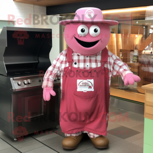 Pink Bbq Ribs mascot costume character dressed with a Button-Up Shirt and Hat pins