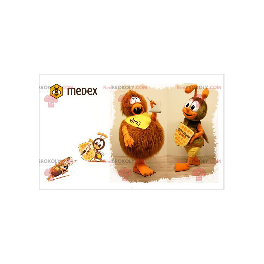 2 Maskottchen ein haariges Virus und eine Biene mit einem