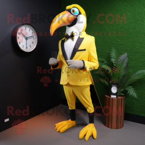 Yellow Toucan mascot costume character dressed with a Blazer and Digital watches