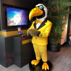 Yellow Toucan mascot costume character dressed with a Blazer and Digital watches