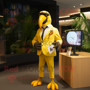 Yellow Toucan mascot costume character dressed with a Blazer and Digital watches