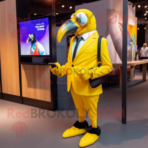 Yellow Toucan mascot costume character dressed with a Blazer and Digital watches