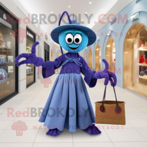 Blue Spider mascot costume character dressed with a Maxi Dress and Handbags