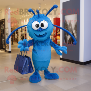 Blue Spider mascot costume character dressed with a Maxi Dress and Handbags