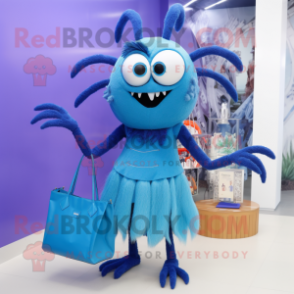 Blue Spider mascot costume character dressed with a Maxi Dress and Handbags