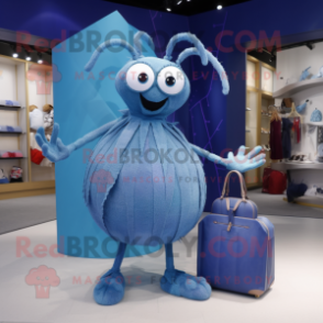 Blue Spider mascot costume character dressed with a Maxi Dress and Handbags