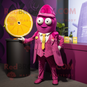 Magenta Lemon mascot costume character dressed with a Coat and Lapel pins