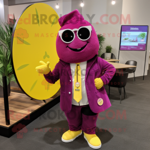Magenta Lemon mascot costume character dressed with a Coat and Lapel pins