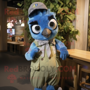 Olive Blue Jay mascot costume character dressed with a Overalls and Headbands