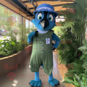 Olive Blue Jay mascot costume character dressed with a Overalls and Headbands