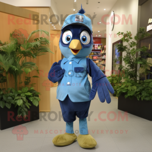 Olive Blue Jay mascot costume character dressed with a Overalls and Headbands