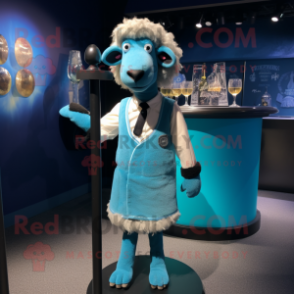 Cyan Suffolk Sheep mascot costume character dressed with a Cocktail Dress and Suspenders