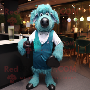 Cyan Suffolk Sheep mascot costume character dressed with a Cocktail Dress and Suspenders