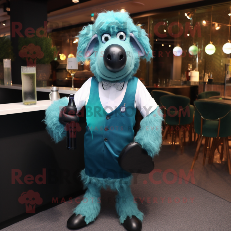 Cyan Suffolk Sheep mascot costume character dressed with a Cocktail Dress and Suspenders Cyan Suffolk Sheep mascot costume character dressed with a Cocktail Dress and Suspenders