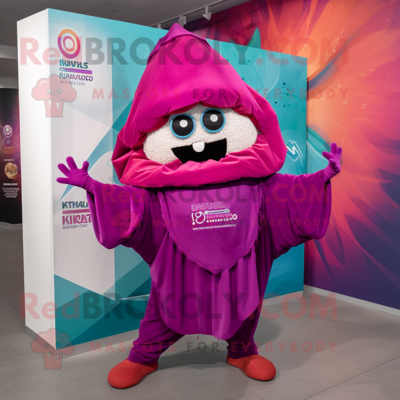 Magenta Tacos mascot costume character dressed with a Bermuda Shorts and Shawl pins Magenta Tacos mascot costume character dressed with a Bermuda Shorts and Shawl pins