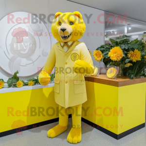 Lemon Yellow Tamer Lion mascot costume character dressed with a Empire Waist Dress and Tie pins