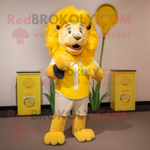 Lemon Yellow Tamer Lion mascot costume character dressed with a Empire Waist Dress and Tie pins