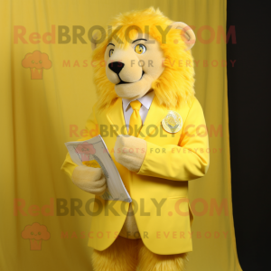 Lemon Yellow Tamer Lion mascot costume character dressed with a Empire Waist Dress and Tie pins