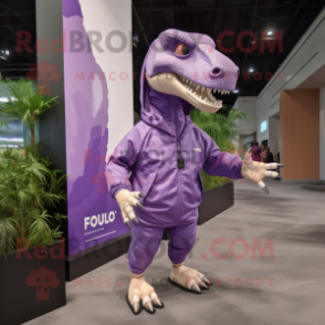 Purple Allosaurus mascot costume character dressed with a Windbreaker and Foot pads