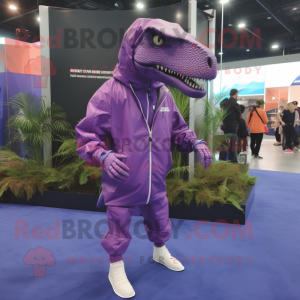 Purple Allosaurus mascot costume character dressed with a Windbreaker and Foot pads
